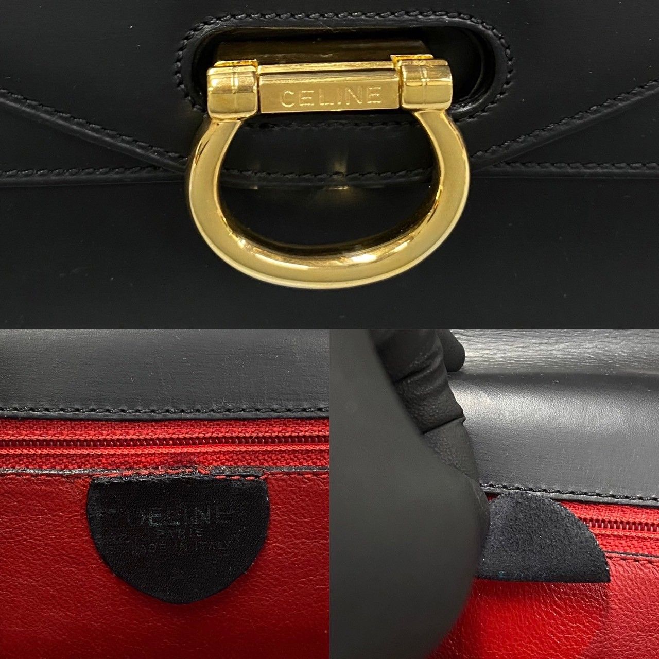 美品 希少品 CELINE セリーヌ ヴィンテージ ロゴ 金具 カーフ レザー 