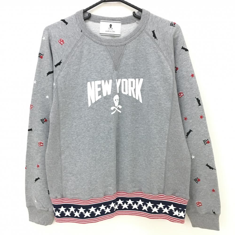 マークアンドロナ トレーナー 杢グレー 袖刺しゅう総柄 スウェット メンズ L ゴルフウェア MARK＆LONA