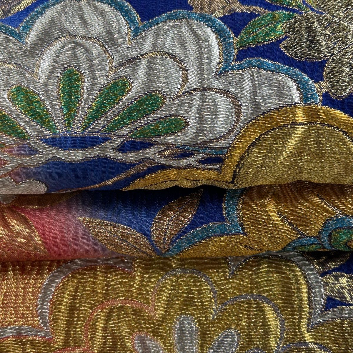 袋帯 美品 秀品 振袖向き 笠松 桜 金銀糸 箔 青 全通 正絹