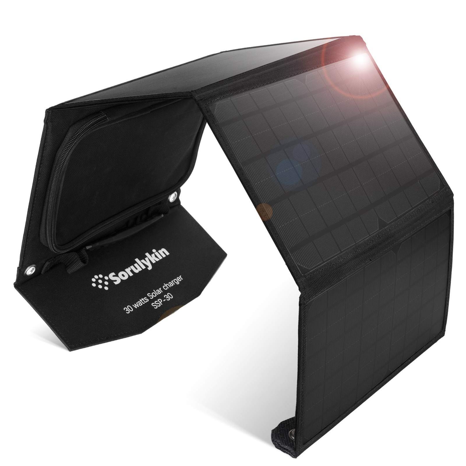 Sorulykin 30w携帯用ソーラー充電器、折りたたみ式ソーラーパネル(2つのusbポート)、5 v-18v電子機器、iphone、ipad、androidやその他のモバイル電子機器に適しており、キャンプや屋外旅行の緊急時に