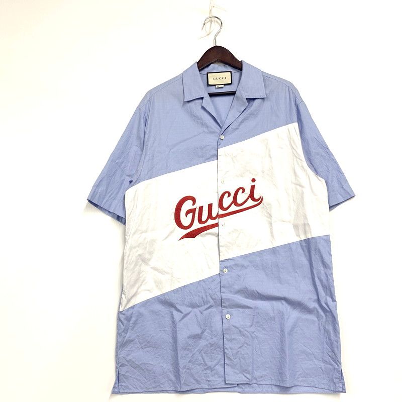GUCCI グッチ SCRIPT LOGO OVERSIZED BOWLING SHIRT 619033 スクリプト ロゴ オーバーサイズ ボーリングシャツ 半袖 サイズ 48 ブルー メンズ 141-250415-as-03-izu