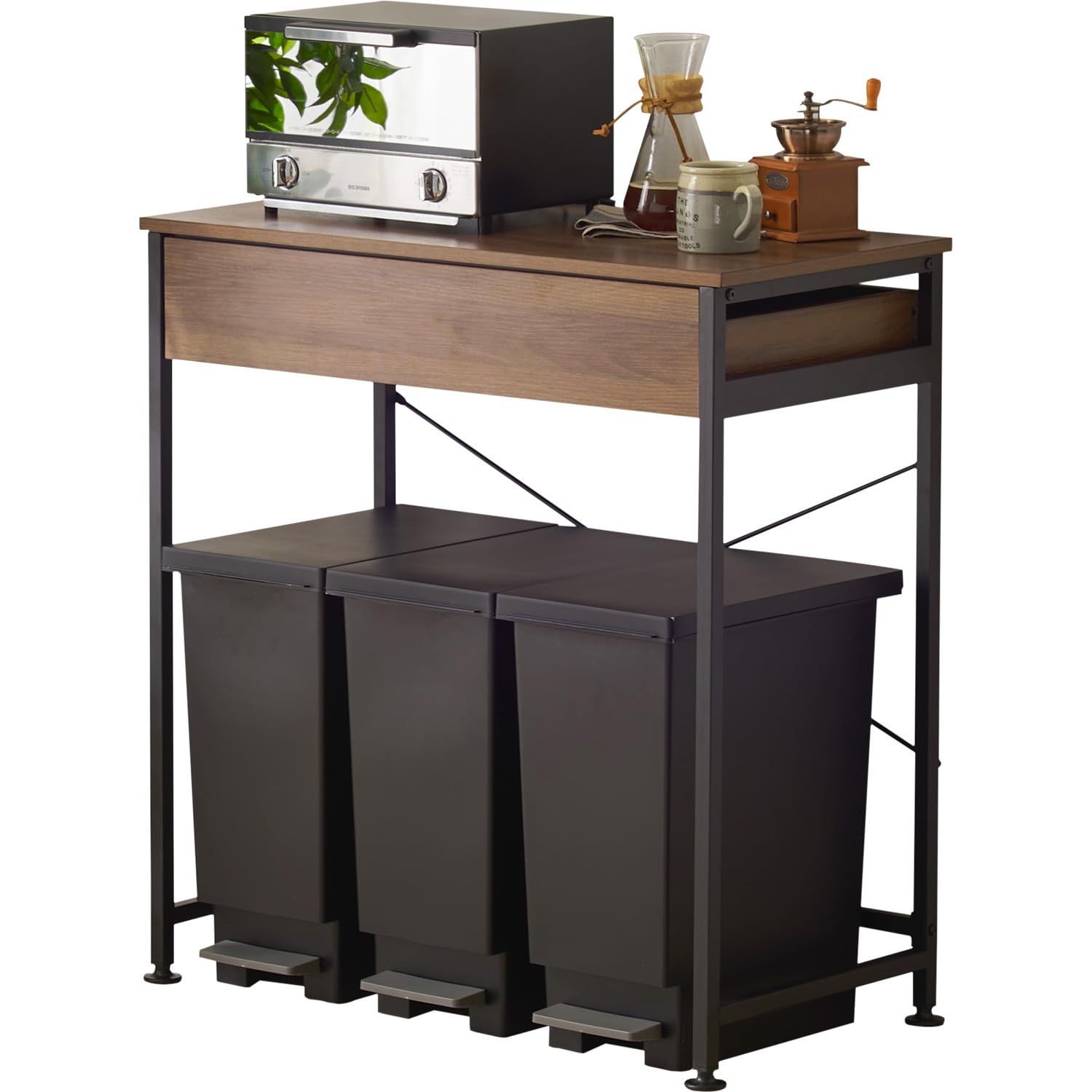 KR-3771BR ブラウン 高さ85cm 奥行45.5 幅80.5 レンジ台 耐荷重30㎏ アジャスター付き 引き出し付 ゴミ箱上ラック レンジラック 萩原