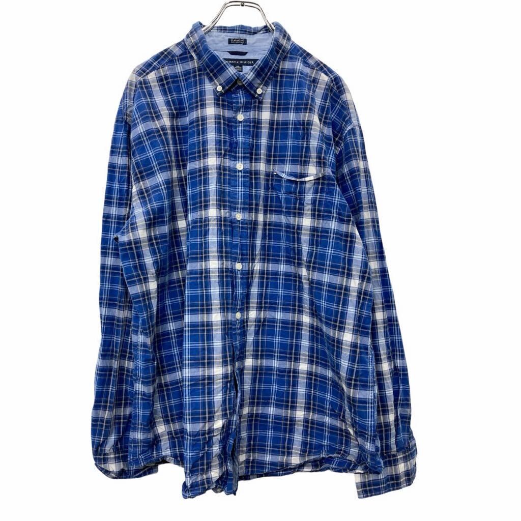 TOMMY HILFIGER 長袖 シャツ XXLサイズ トミーヒルフィガー ビッグサイズ 胸ポケット チェック柄 ブルー 古着卸 アメリカ仕入 t2407-3852