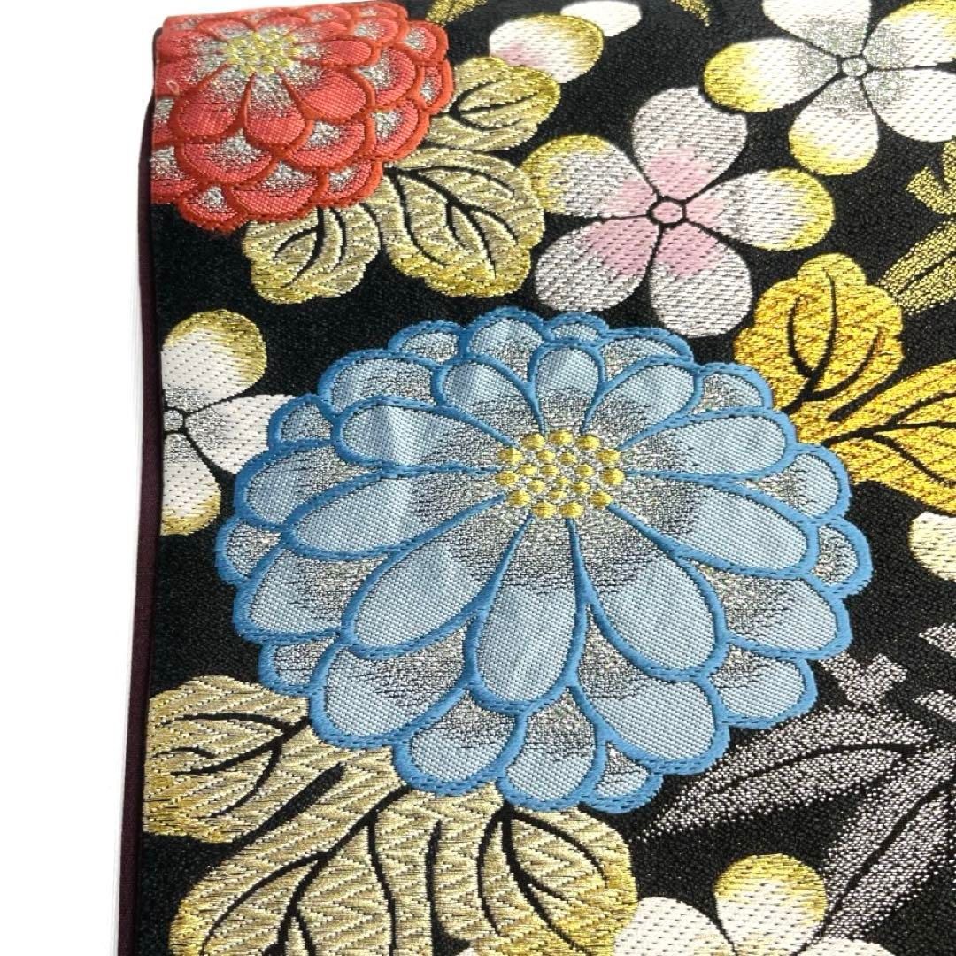 袋帯 振袖帯 菊花 竹 リーフ 黒地 金糸 着物 041a d - メルカリ
