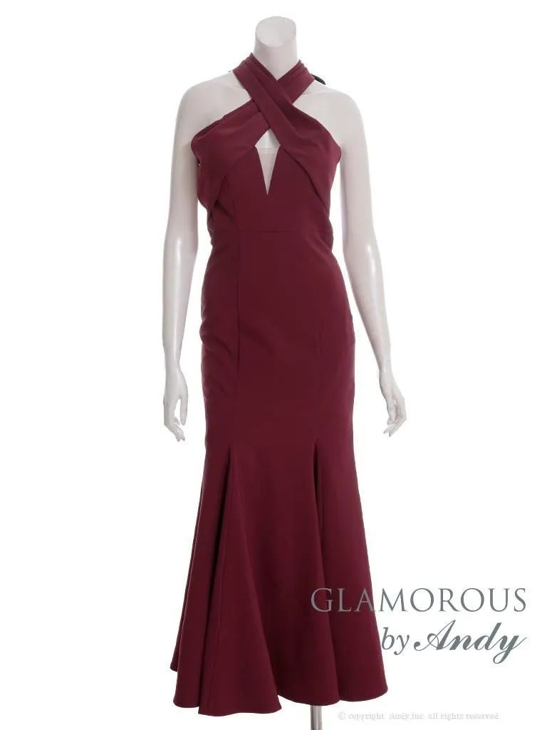 ワインレッドS OF05 GMS-V882-WR-2509 Andy GLAMOROUS|アンディグラマラス クロスホルター| バストシアー| ストレッチ| シンプル| マーメイド| ロングドレス| キャバドレス long