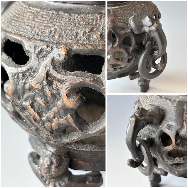 時代唐銅透かし香炉獅子摘み遊環骨董アンティーク古玩工芸