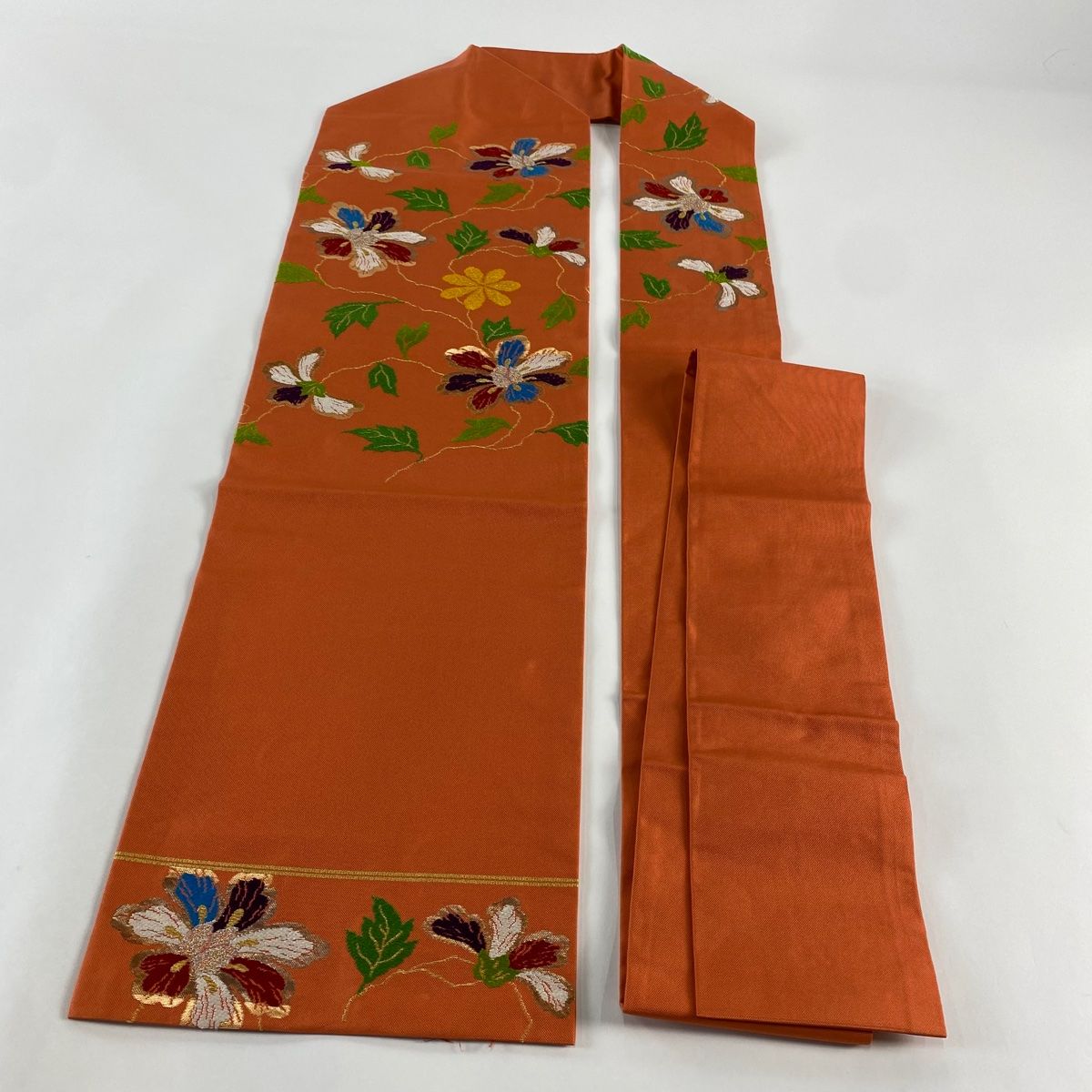 龍村美術織物 開き名古屋帯 花に向かい鳥 正絹 着物 RO-3936 名古屋帯 名品 龍村美術織物 落款 草花 金銀糸 箔 朱色 正絹