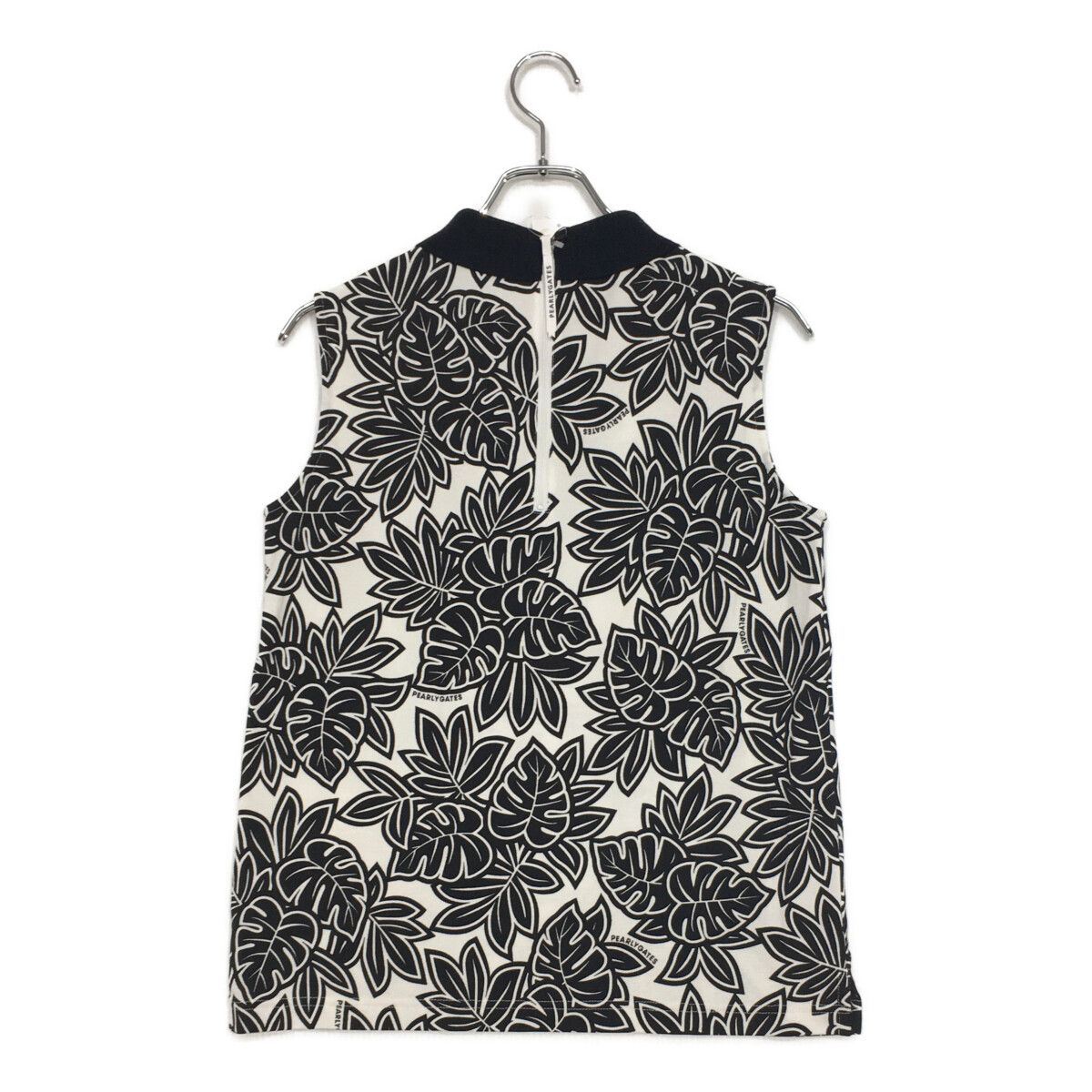 ♥品 レディース パーリーゲイツ PEARLY GATES ノースリーブ 2 L 白×黒 襟付きシャツ リーフ柄