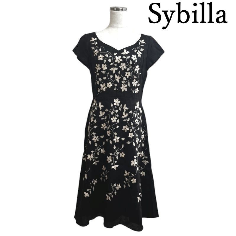 Sybilla シビラ リネンワンピース 半袖 ひざ丈 黒 ブラック 花刺繍 L