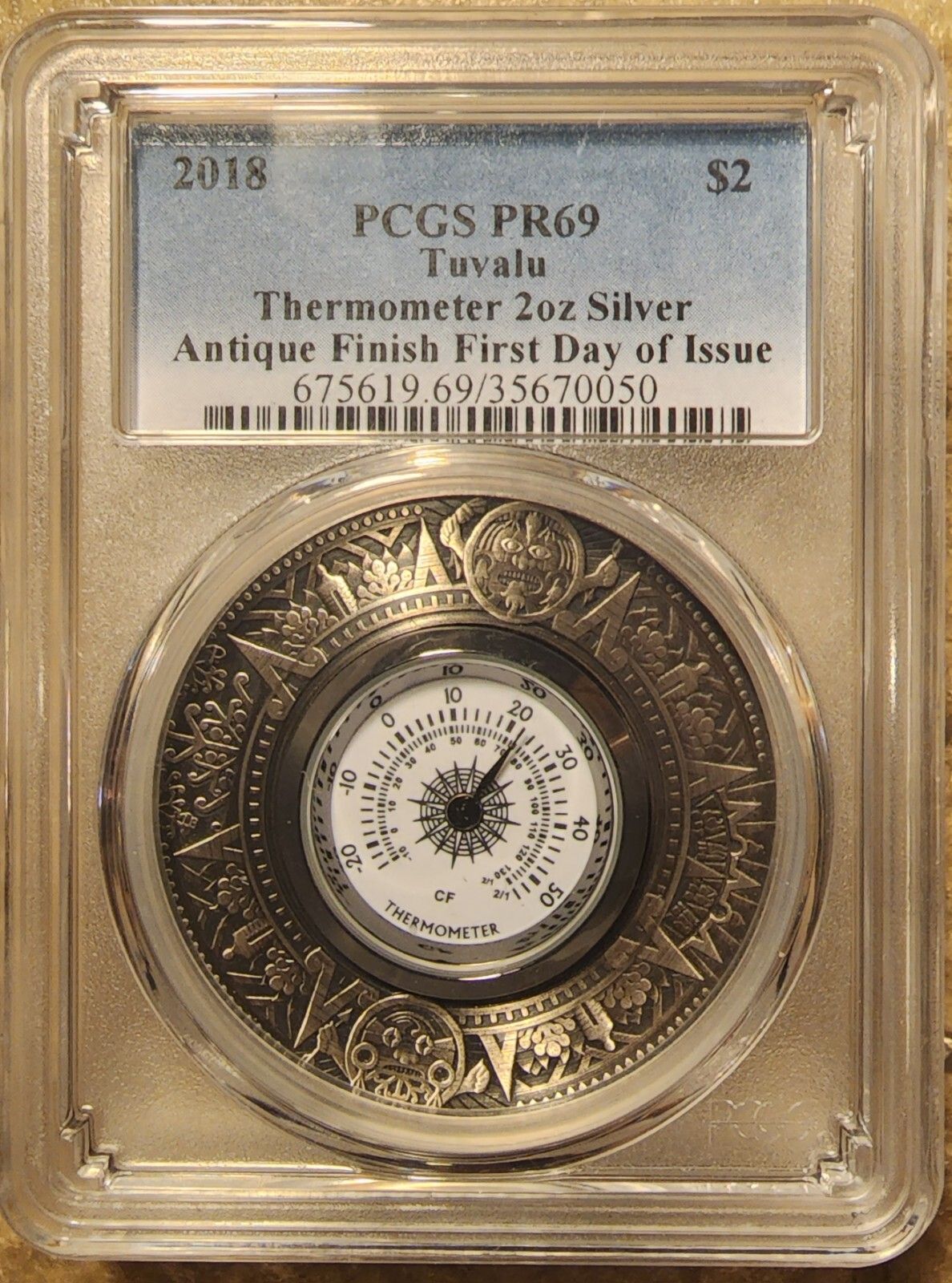 2018 TUVALU THERMOMETER 2oz SILVER COIN $2 PR69 ANTIQUE FIRST DAY ISSUE