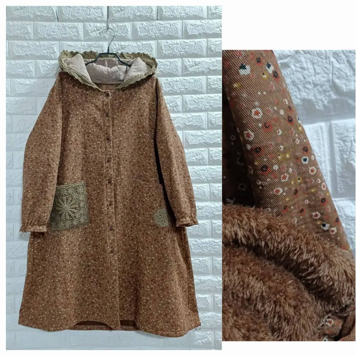 ビッグサイズ 小花柄キルティング フード付きロングコート