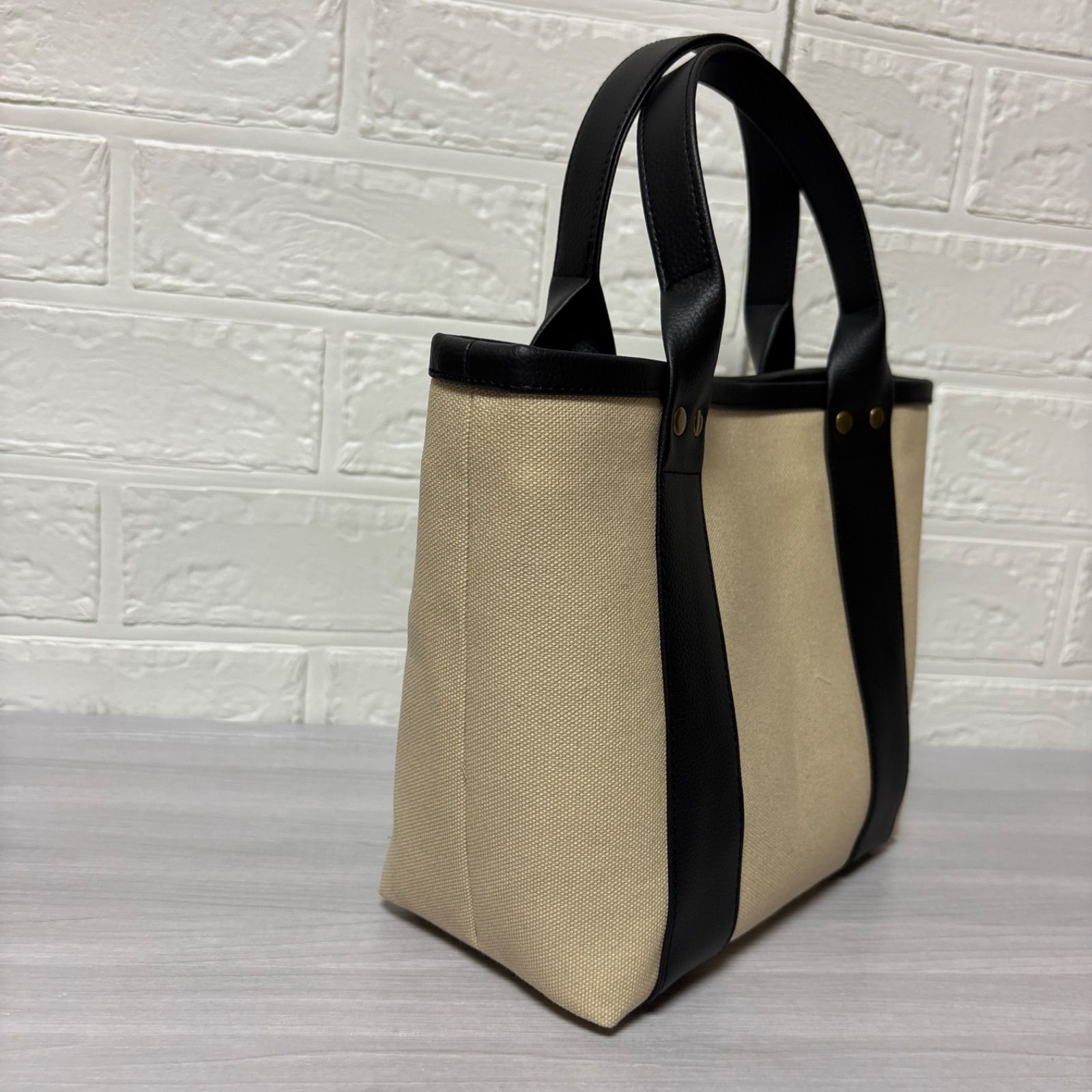 帆布トートバッグ ハンドメイド アイボリー×フェイクレザー