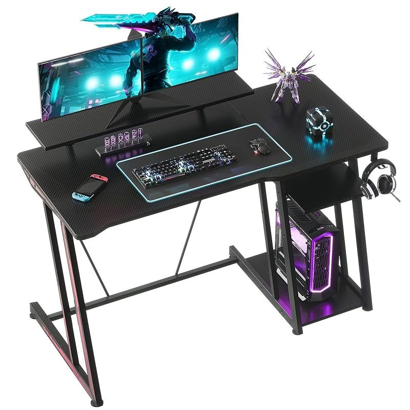 YeTom ゲーミングデスク ゲーミング テーブル ゲームデスク 幅120cm gaming desk 収納ラック2段付き 台下区分収納対応 机 pcデスク ゲーミング pc テーブル パソコンデスク 黒い 1