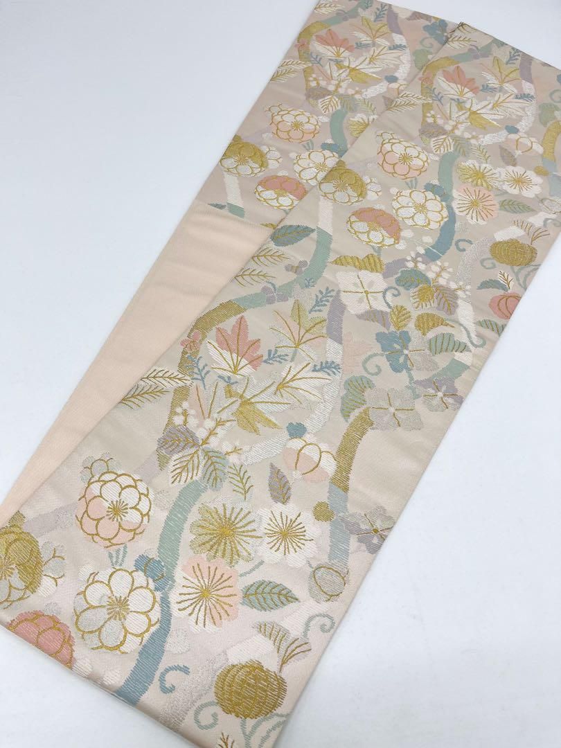 とみや帯 縄文錦 袋帯 未使用品 立涌 四季の草花 正絹 六通 Q1197 