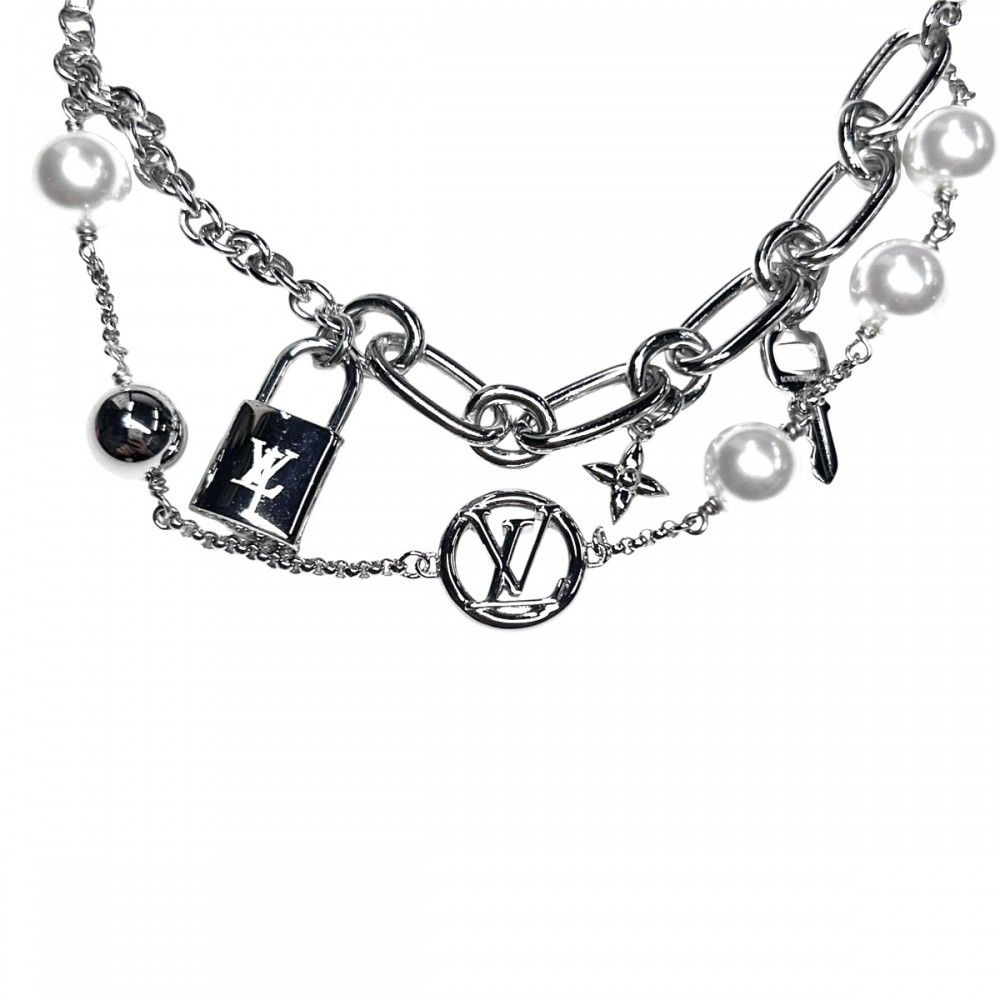 ルイヴィトン ブレスレット レディース モノグラムフラワー LV ミックス チェーンズ アクセサリー 2連 アジャスター付き パドロック LOUIS VUITTON レジンパール M1380A シルバー 約35.8g