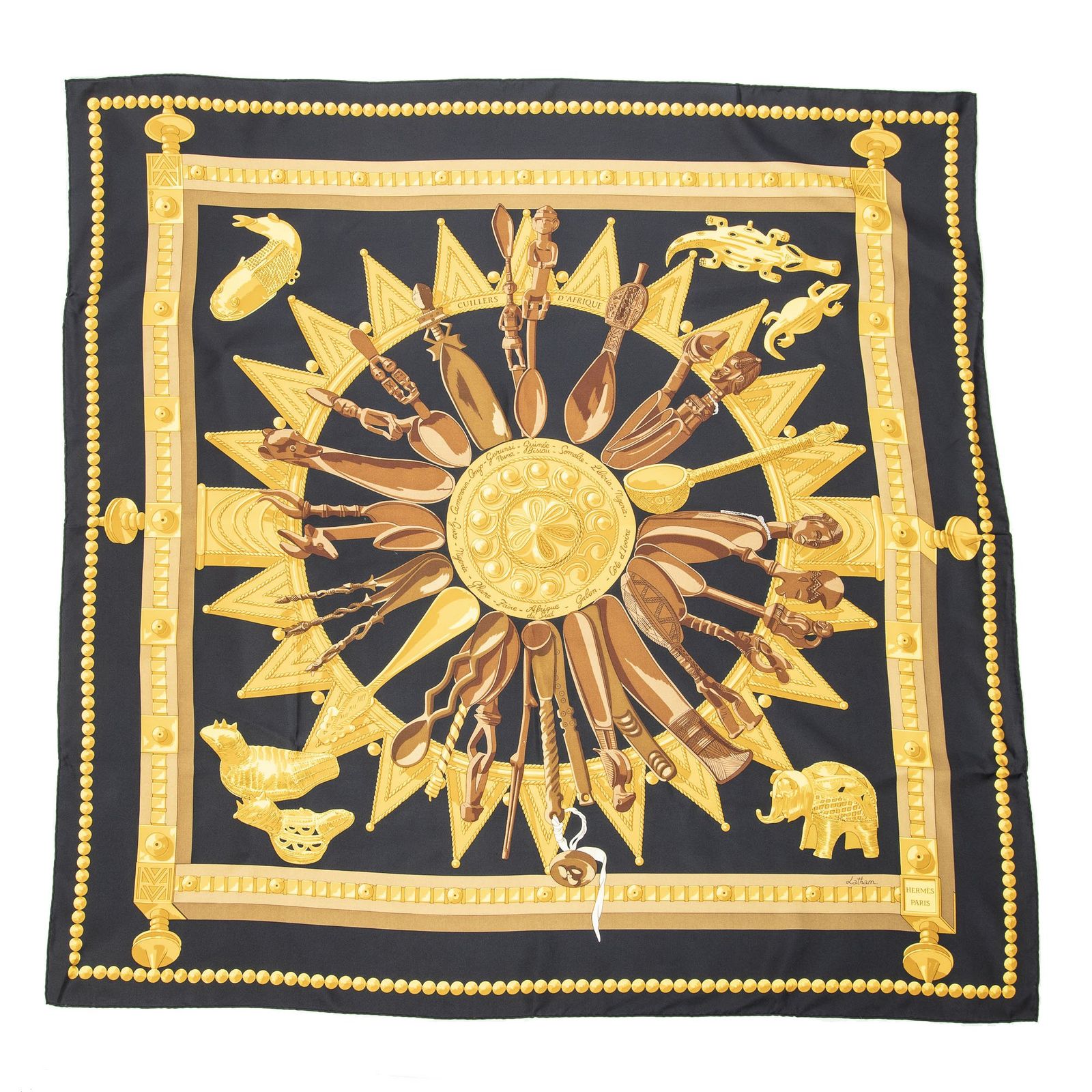 中古] HERMES エルメススカーフブラック/ゴールド/ブラウン100