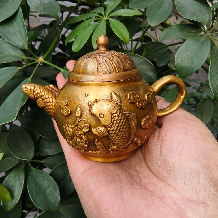 【期間限定特価】 銅器 置物 工芸品 装飾品 茶道具 煎茶器 茶壺 徳利 蓮花鯉 工芸品
