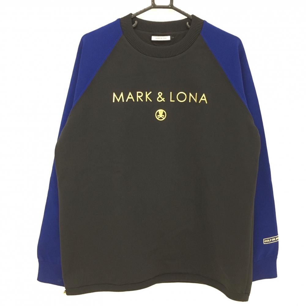 【超美品】マークアンドロナ 裏地付きセーター 黒×ブルー 裾ドローコード スカル ニット メンズ 50(XL) ゴルフウェア MARK＆LONA