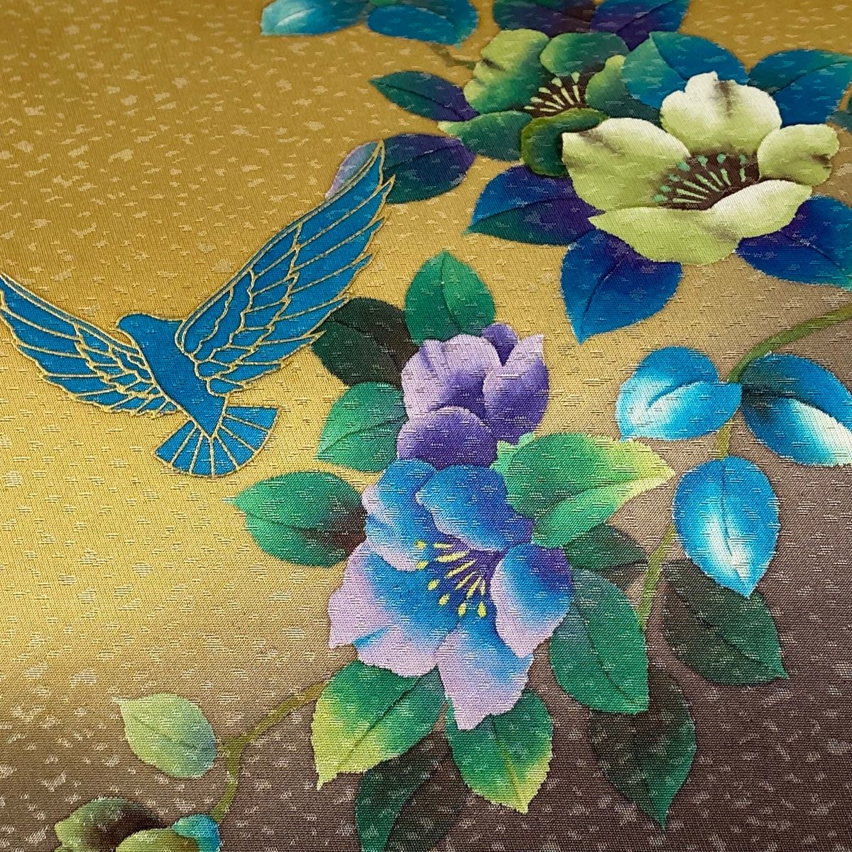 袋帯 秀品 斉藤三才 落款 枝花 三才鳥 箔 金彩 薄茶色 お太鼓柄