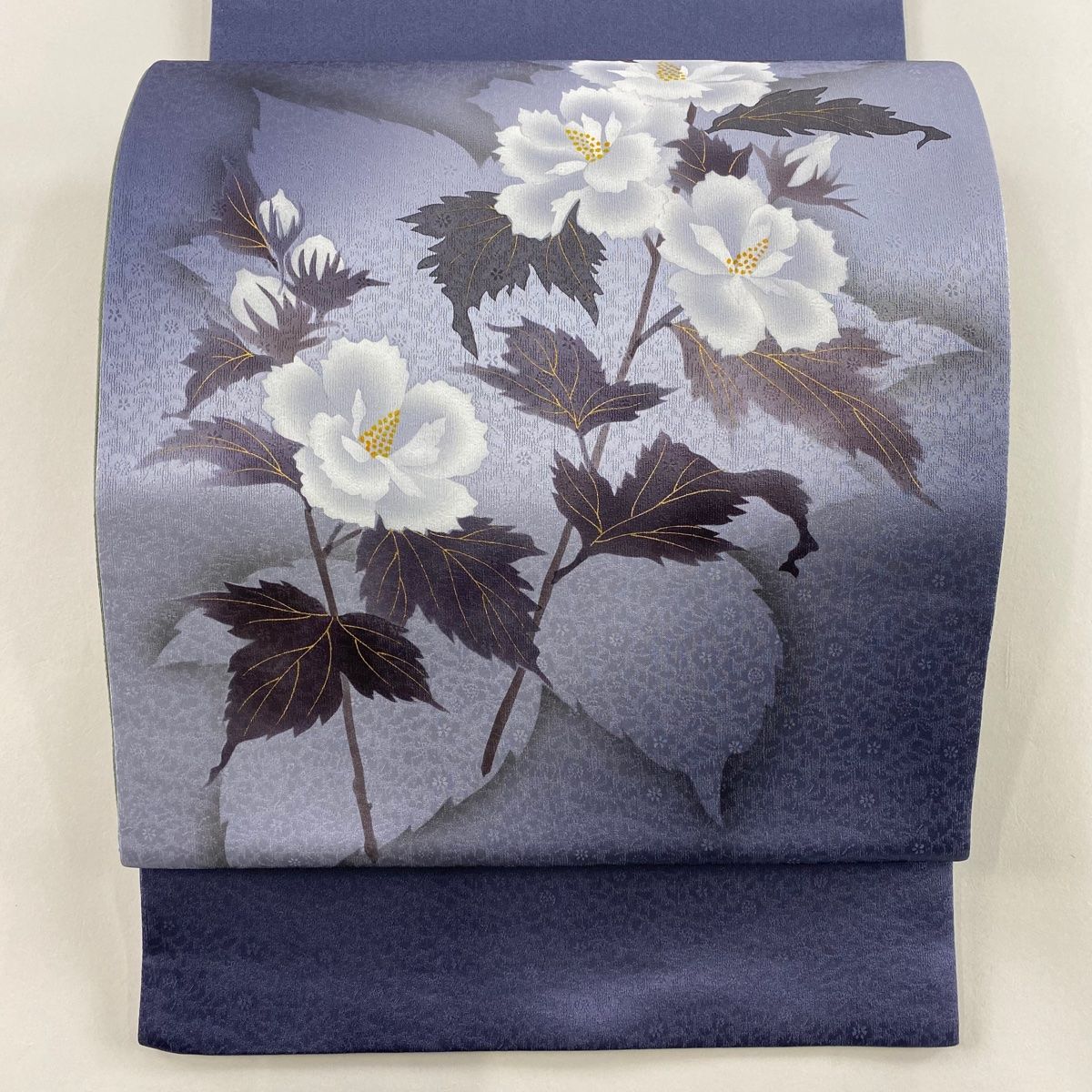 袋帯 秀品 丹下雄介 落款 枝花 金彩 ぼかし 青紫 お太鼓柄 正絹