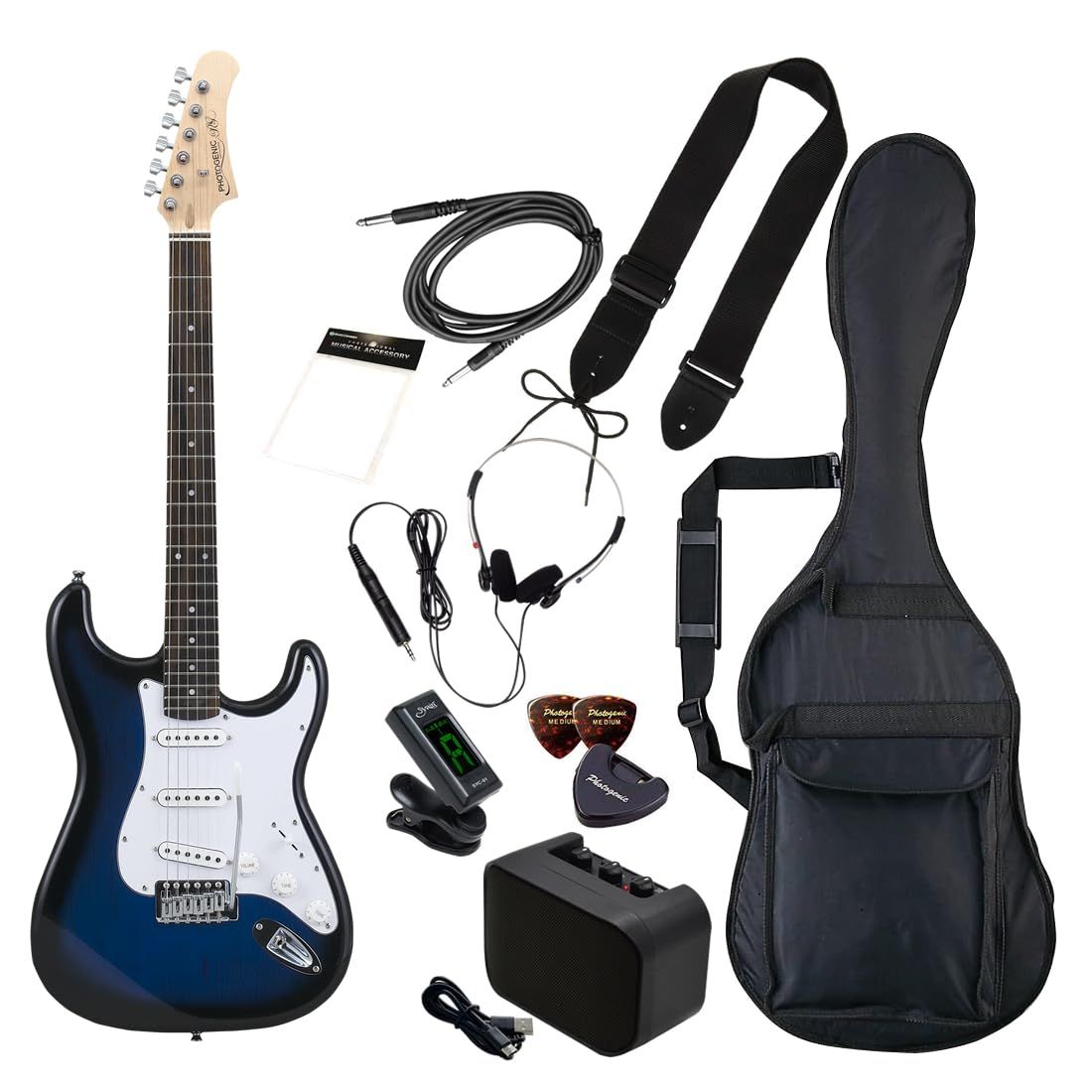 フォトジェニック Photogenic PhotoGenic エレキギター 初心者入門 ビギナーセット STタイプ ST-180|BLS ブルーサンバースト ソフトケース|シールド|ミニアンプ|チューナー|ヘッドフォン|ストラップ|ピック|ピックケー