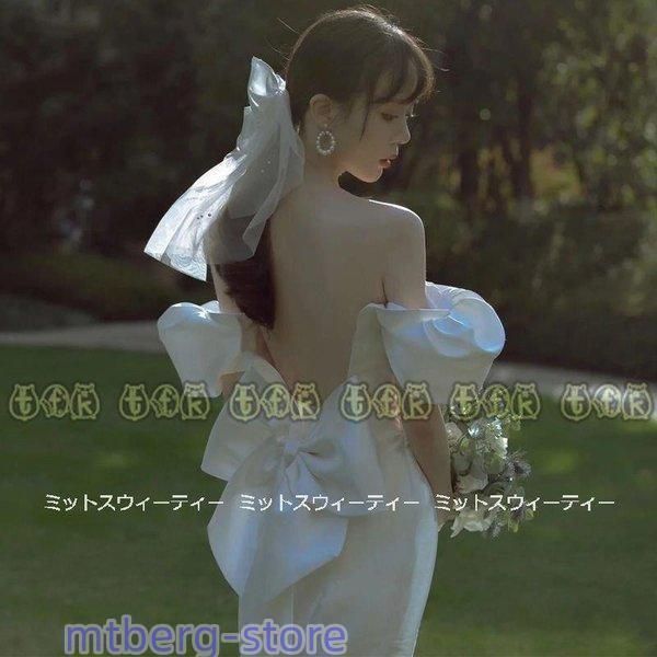 ウエディングドレス バックレス ロングドレス 二次会 花嫁 パーティドレス 結婚式 パーティドレス ウェディグドレス バックリボン 前撮り マーメイドライン