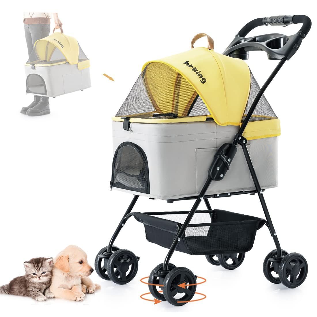 数量 HRking 分離型 ペットカート 2Way 軽量 折りたたみ 犬用ベビーカー 猫 小型犬 多頭用 ペットキャリー 4輪360°回転 多機能 取り外し ペットバギー 組み立て簡単 お出かけ 介護用 旅行 ペット用カート 耐荷重15KG イエロ