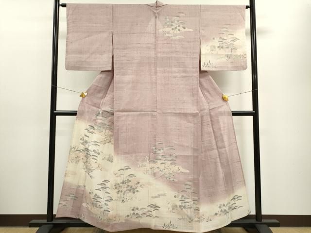 平和屋着物▽訪問着 単衣 紬地 友禅 作家物 枝葉文 正絹