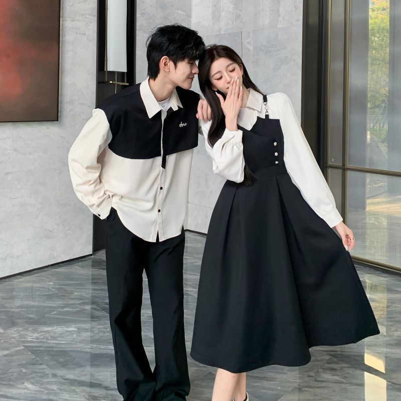 カップルペアルックカップルペアtシャツブランドレディースワンピースシンプルカジュアルワンピーストップス春夏服 お揃い カップル 夫婦 ワンピース レディース シャツ メンズ