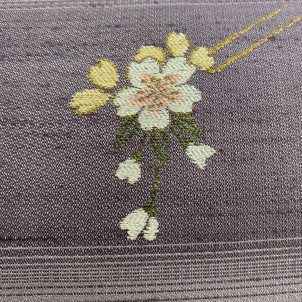 正絹開き名古屋帯、グレー、桜刺繍、金糸銀糸 レディース