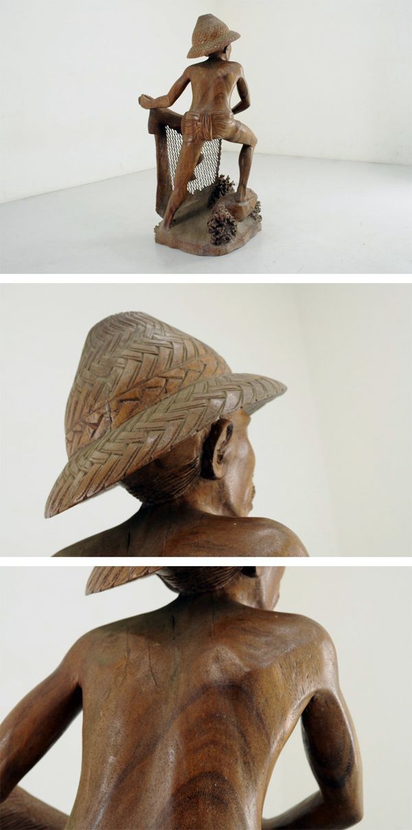 ☆高級チーク無垢一本彫り 木彫 『投網の男』 - メルカリ