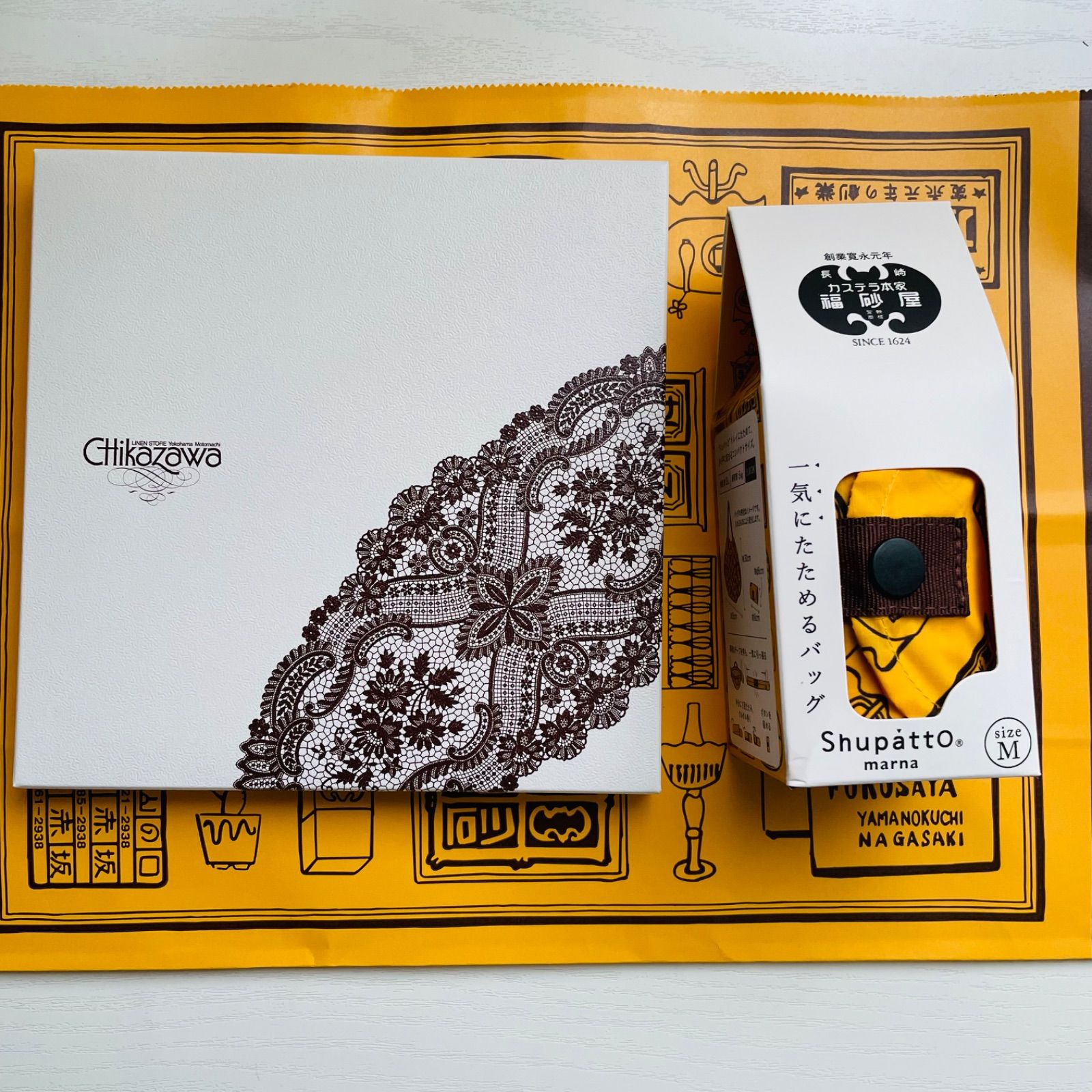 福砂屋 近沢レース店 コラボハンカチ カステラ たまごの黄色＆福砂屋オリジナルデザインシュパットコンパクトバッグ