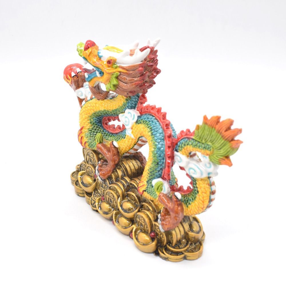 龍の置物 龍 古銭 赤い玉 樹脂製 台座付き 彩色済 如意宝珠 17cm
