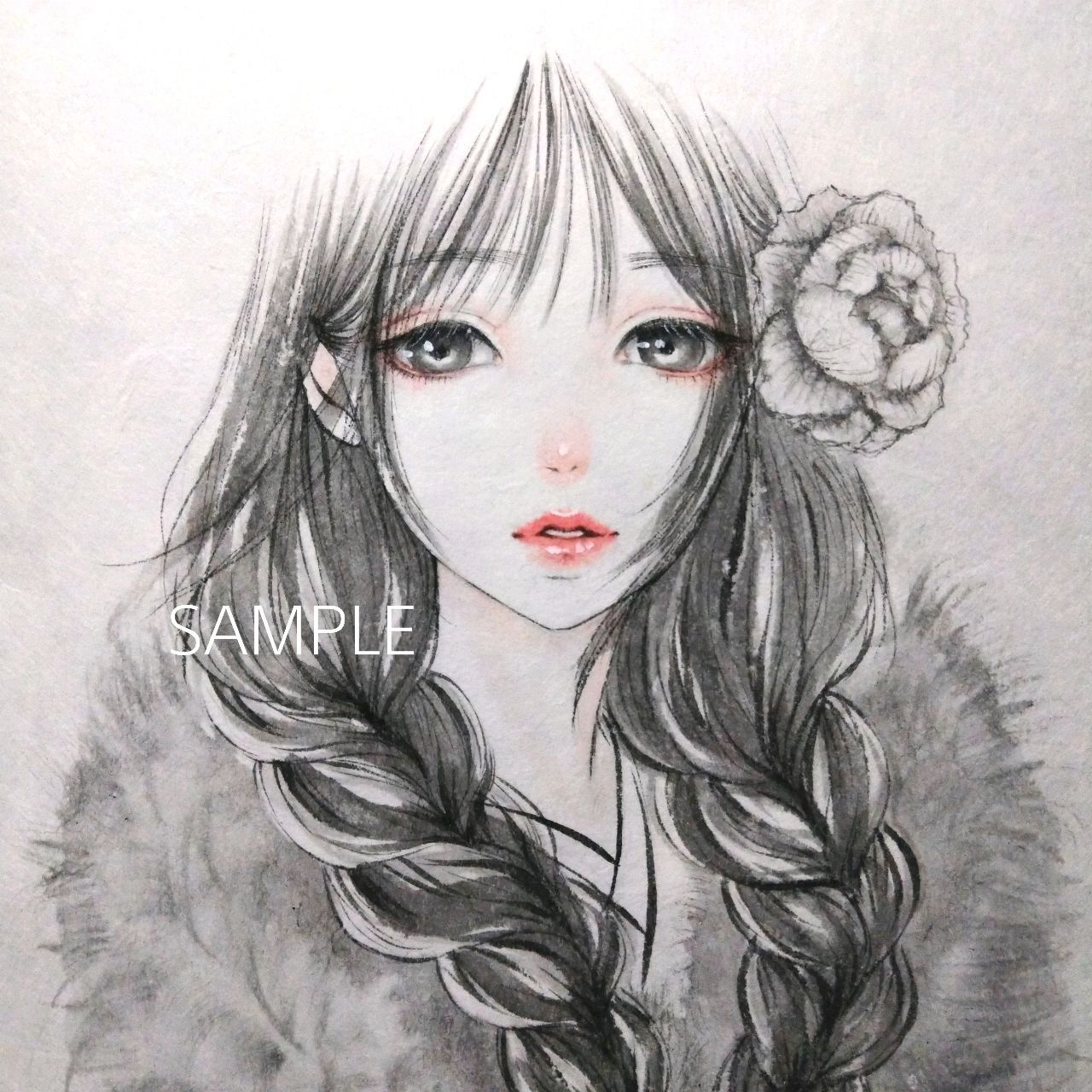 231119E 手描きイラスト 習作 墨絵 水墨画 墨彩画 ドローイング 美人画 