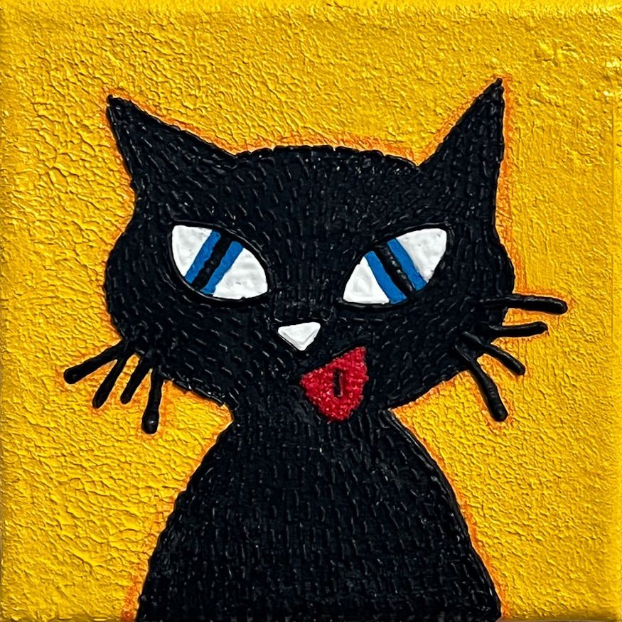 猫の絵 ネコ 黒猫 花 イラスト アクリル画 ハンドメイド