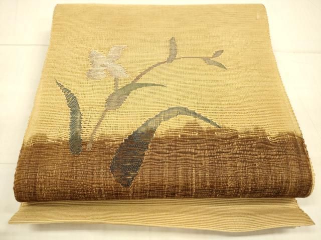 平和屋着物＊夏物 八寸名古屋帯 草花文 銀糸 正絹 逸品 DAAU8414cm  