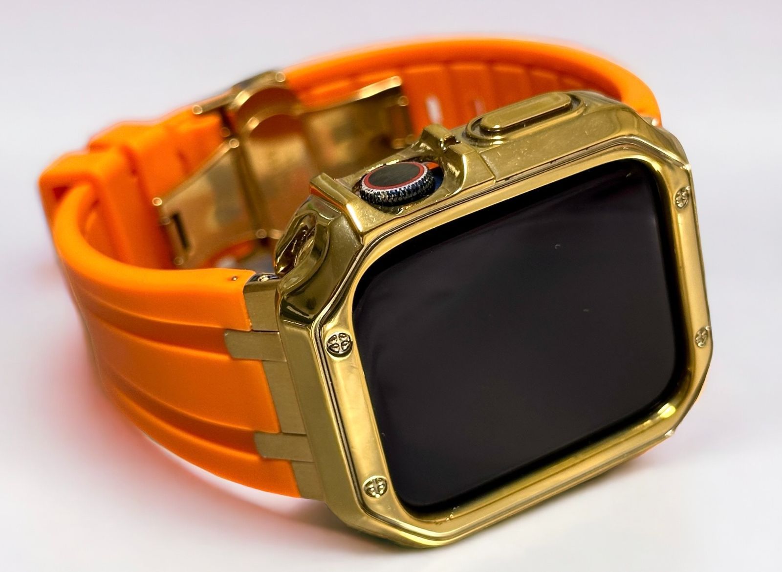 シームレス オレンジ-ゴールド アップルウォッチ 316Lステンレス ラバーベルト Apple Watch 厚ケース カバー series1〜9 38mm 40mm 41mm 42mm 44mm 45mm Apple Watch バンド