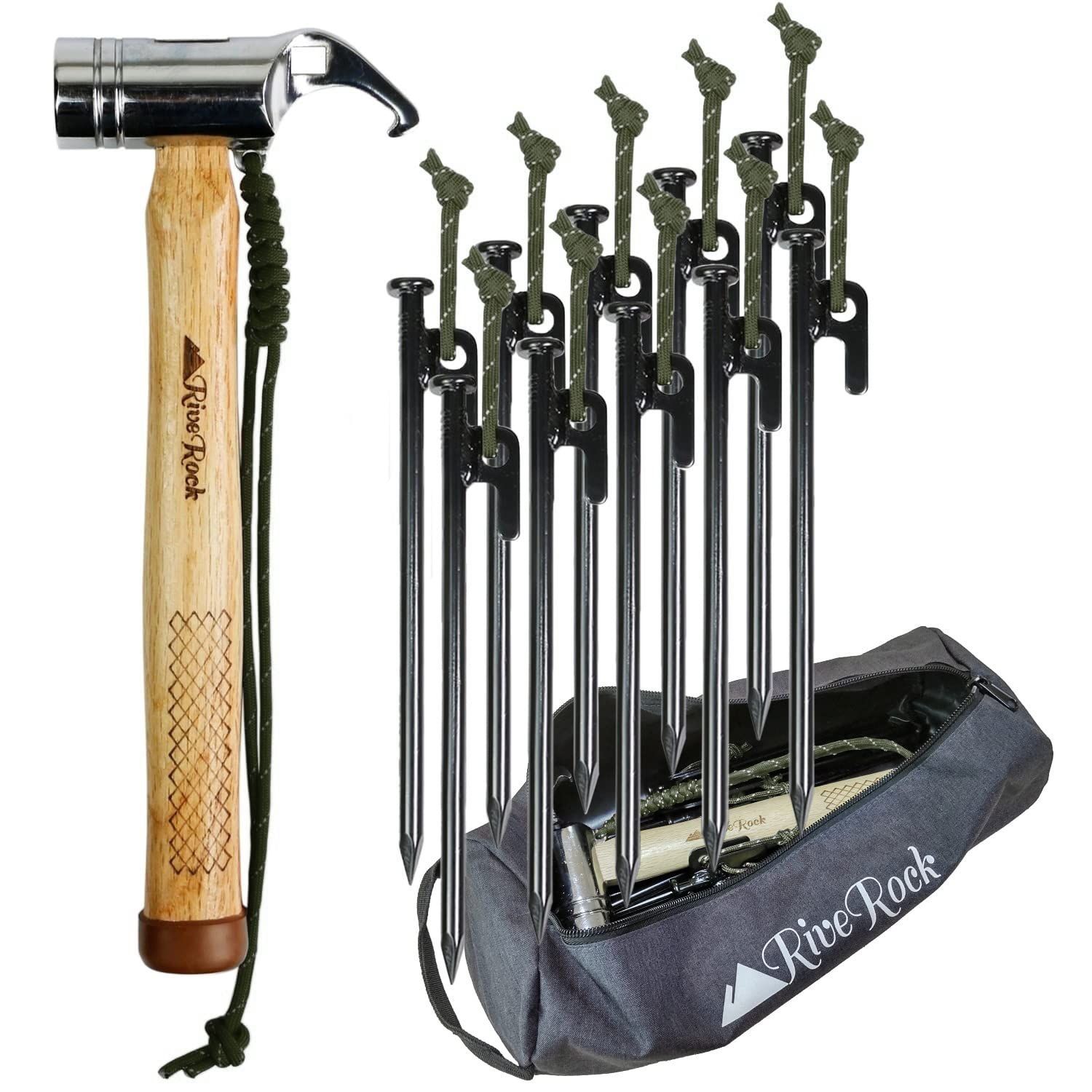 新品　収納袋 夜光ロープ ペグハンマー 強靭 テント設営 (リバロック) タープ設営 RiveRock (ハンマー/スチールペグ10本/収納袋/深緑)