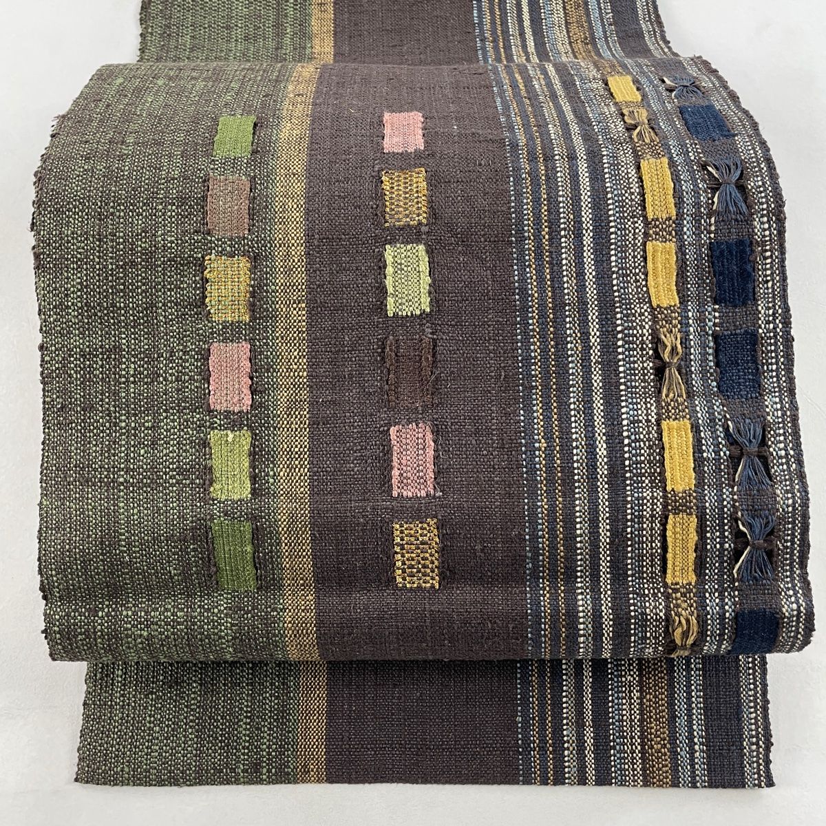 名古屋帯 美品 優品 八寸名古屋帯 松葉仕立て コプト柄 縞 灰色 正絹 【