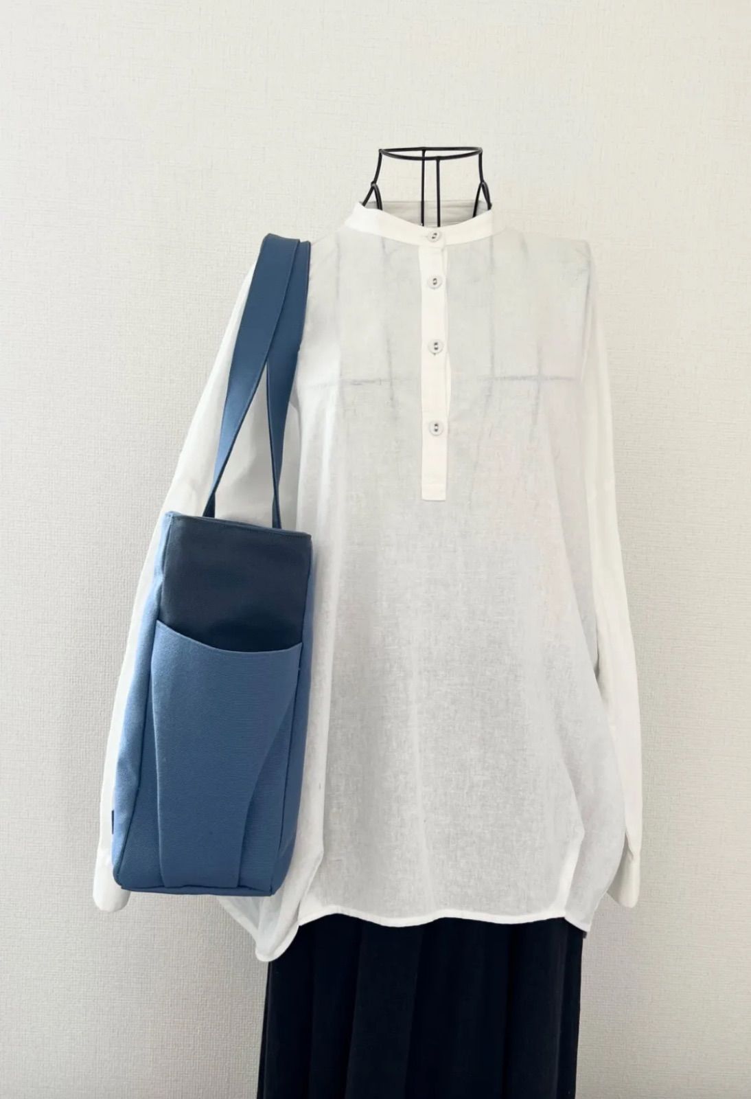 XLサイズ 底板付き ブルーグレー系 8号倉敷帆布使用 サイドポケット 大きめトートバッグ 底板付き 肩掛けバッグ akaneko