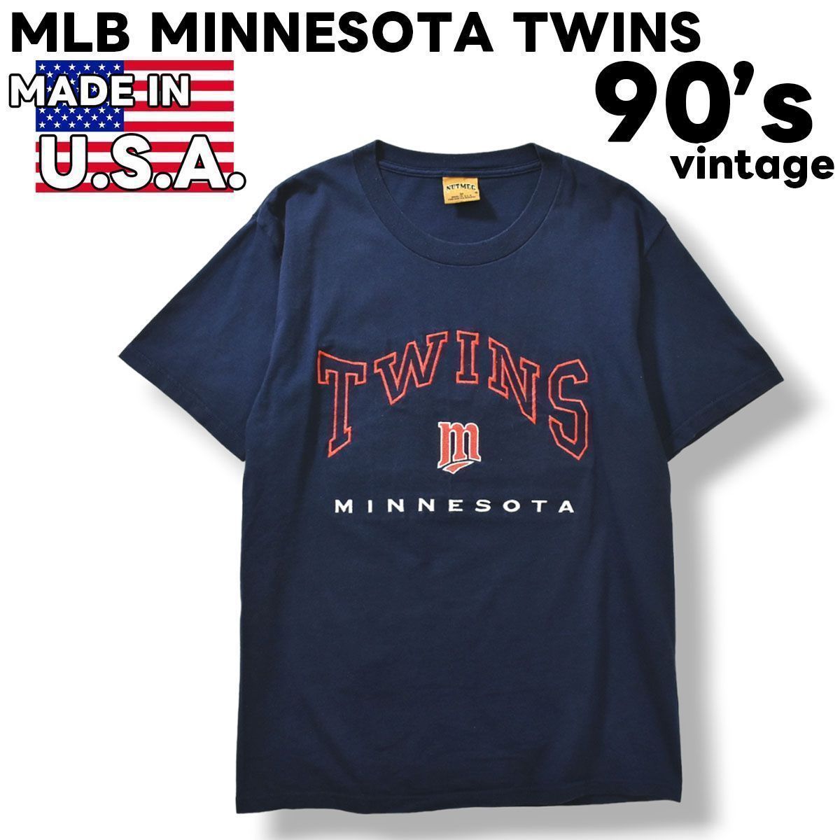 90sヴィンテージ USA製 MLB MINNESOTA TWINS ミネソタ ツインズ NUTMEG ナツメグ 刺繍ロゴ 半袖 Tシャツ M ネイビー  メンズ - メルカリ