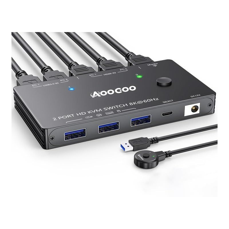 新着商品 KVMスイッチHDMI 2ポートボックス 8K 60Hz USB3.0 HDMI2.1スイッチ 2台のコンピューター用キーボード マウス プリンター 1台のHDモニターを共有 UHD 4K 120Hzをサポート USBケーブル2本 電源アダプタ 0