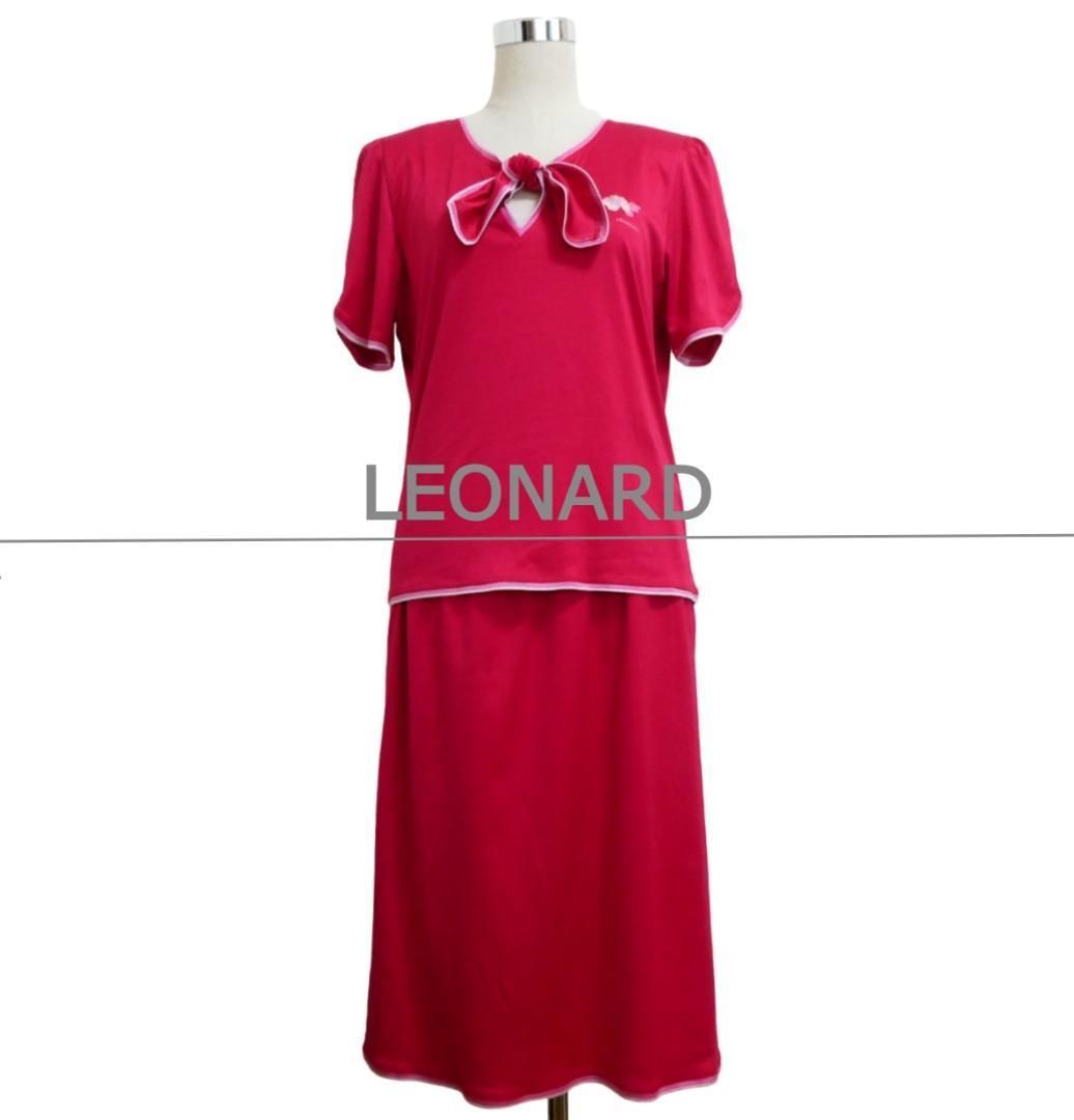 LEONARD レオナール セットアップ 上下 ロゴ刺繍 リボン 半袖カットソー×ロングスカート コットン レッド サイズLL 69 レディース
