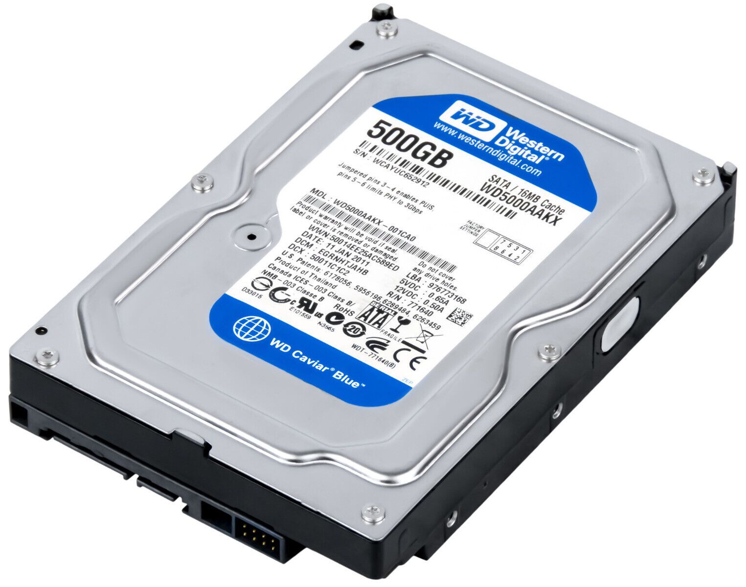 HARD DRIVE WESTERN DIGITAL BLUE 500GB 7200RPM 16MB SATA III WD5000AAKX 3.5