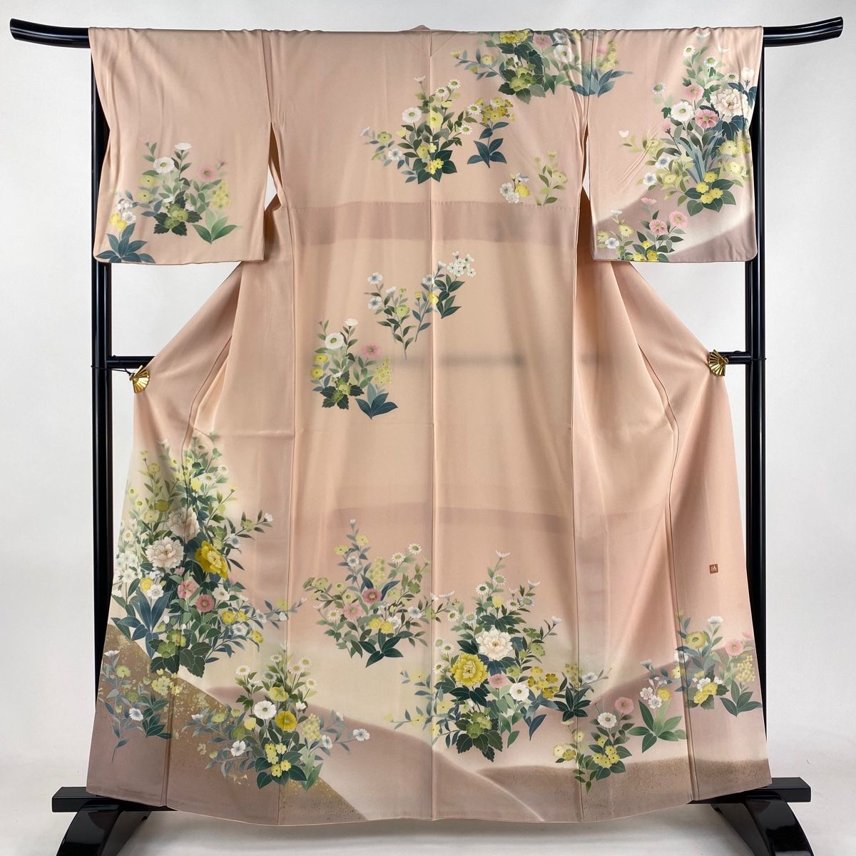訪問着 秀品 扇面 草花 金彩 ぼかし 薄紫 袷 166cm 68cm L 正絹 【中古