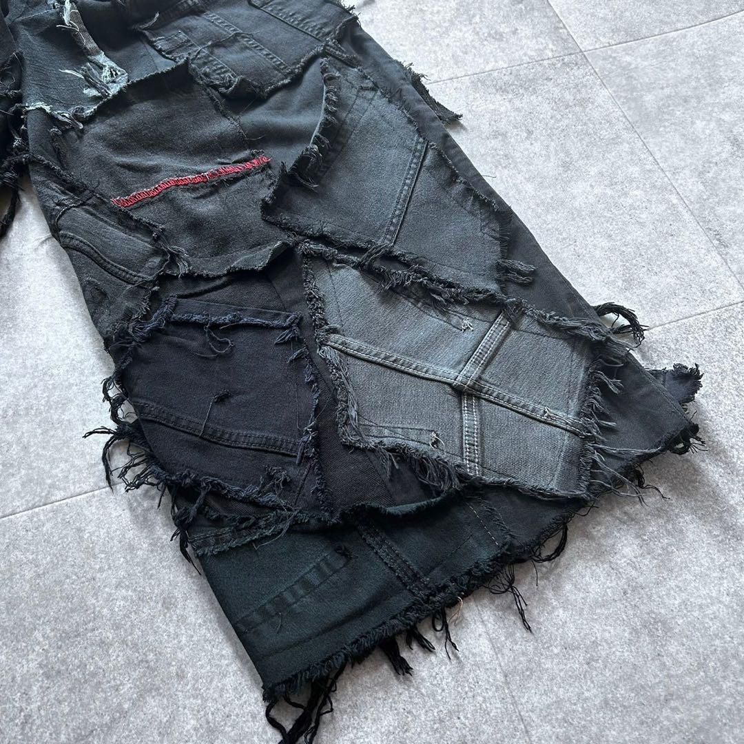再構築フレア デニム リメイク パンツ ブラック 黒 ワイド 古着 