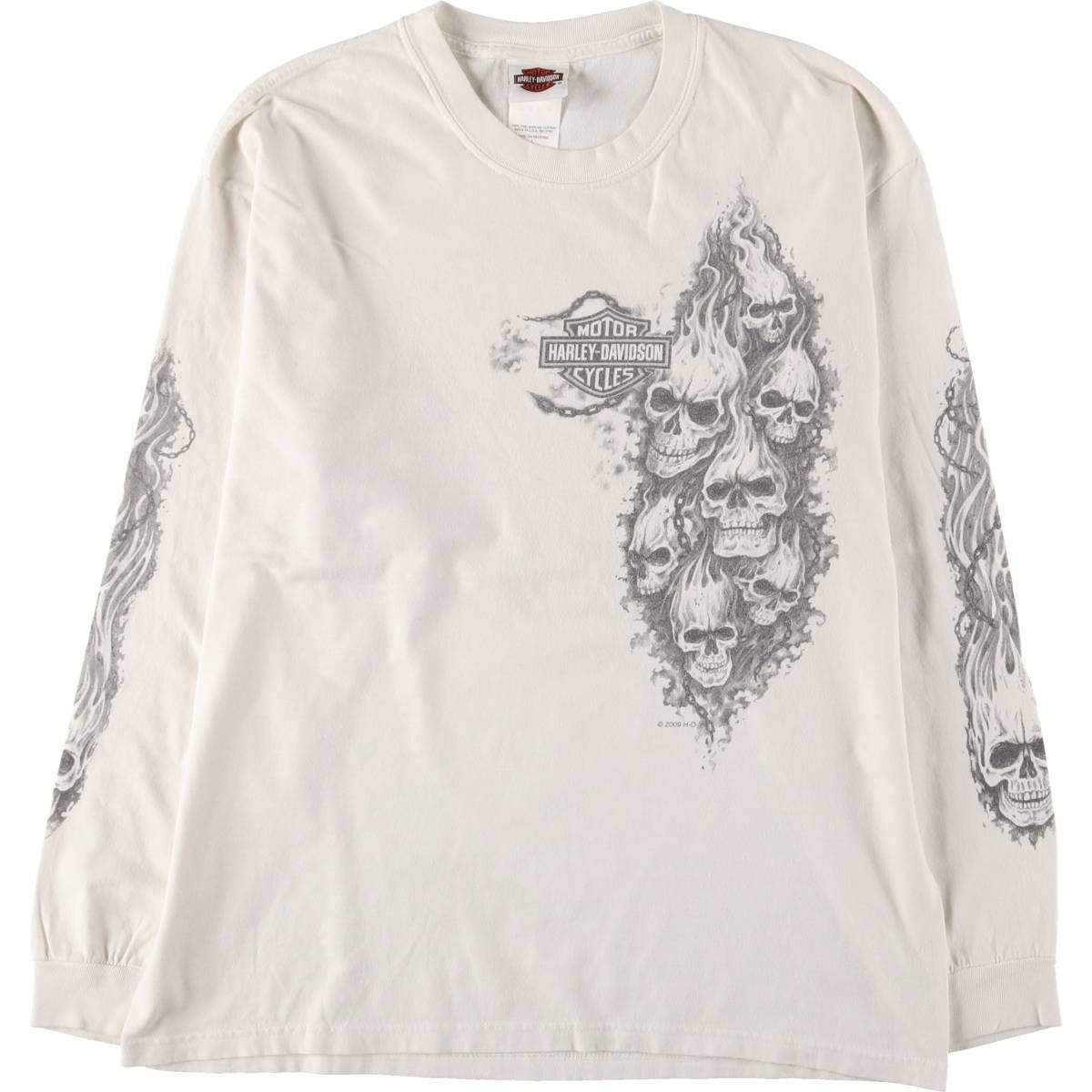 古着 00年代 ハーレーダビッドソン Harley-Davidson Hanes ヘインズ ドクロ柄 スカル柄 ファイヤーパターン ロングTシャツ|eaa549993