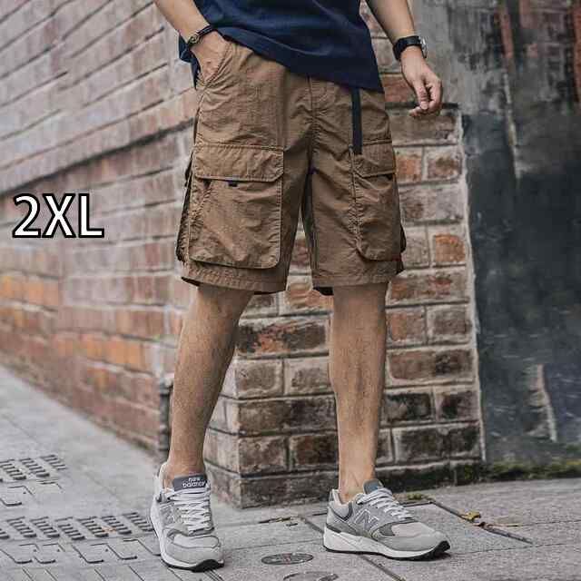 2XL メンズ ファッション 服 男性用 オシャレ シンプル 大人 かっこいい 大きいサイズ ストリート 紳士服 アメリカン レトロ フロント 機能的 大きい ポケット カーゴ ショーツ 夏 薄手 アミ カーキ カジュアル 五分丈 パンツ
