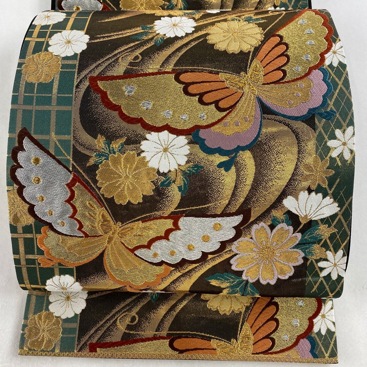 袋帯 秀品 鈴乃屋 華文 鳥 箔 ラメ箔 黒灰 お太鼓柄 正絹 【中古】