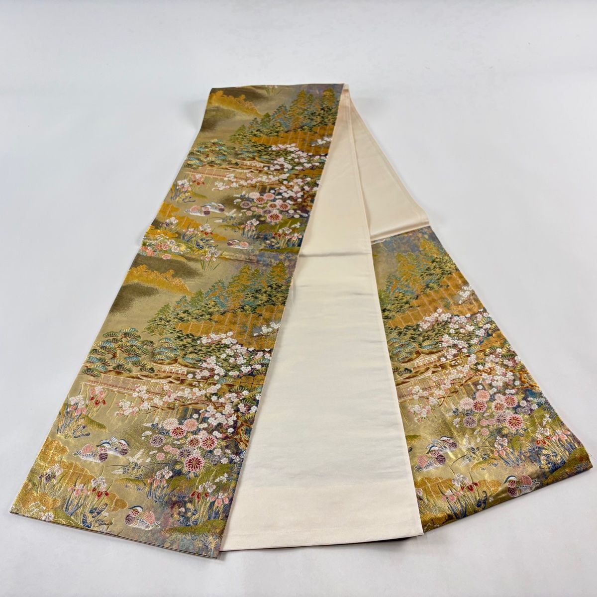 正絹 花鳥模様引箔六通 袋帯 新品